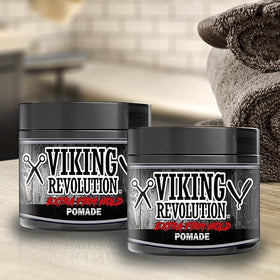 Viking Revolution styled slick back on model illustrating high shine and professional finish