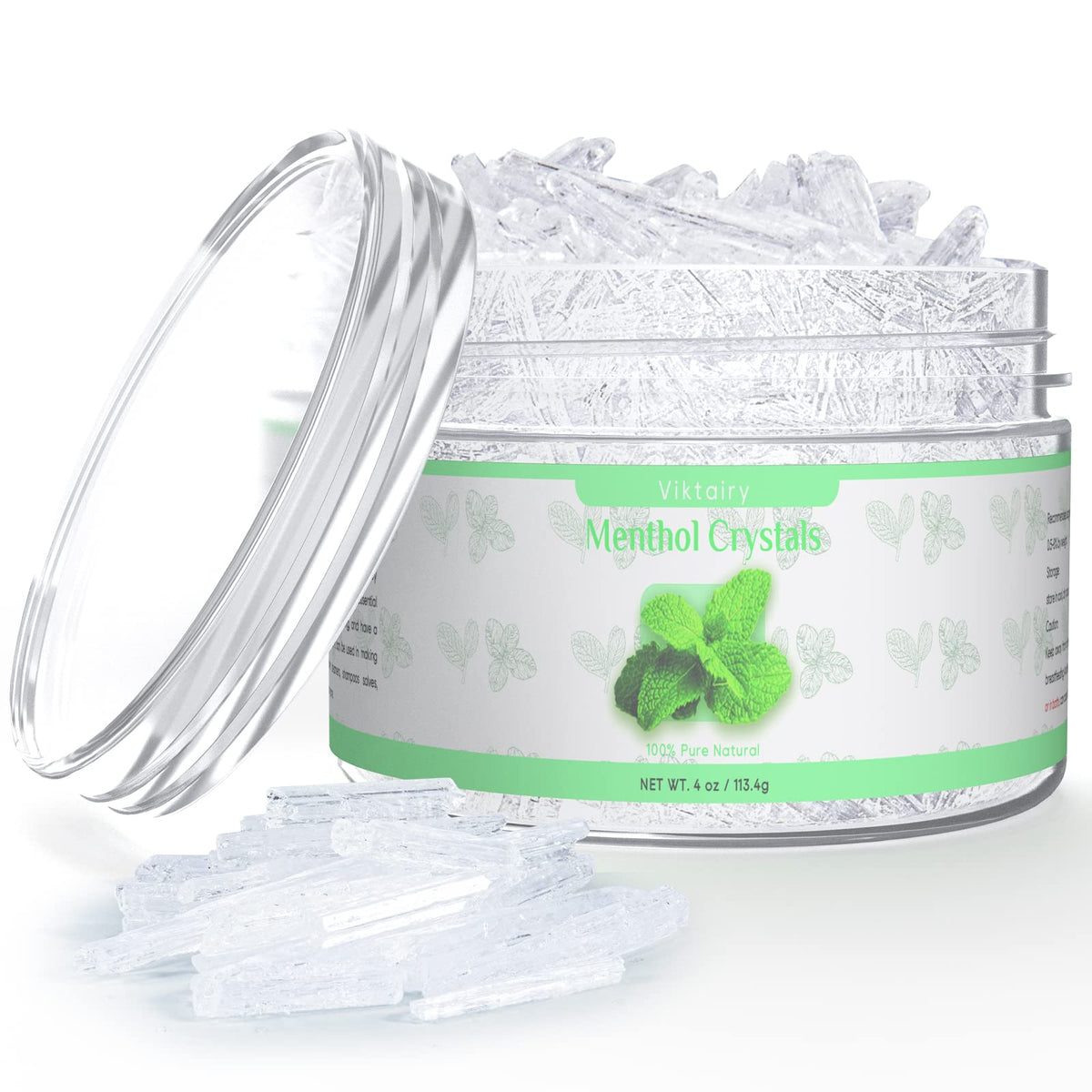 Viktairy menthol crystals jar front view showing pure organic mint crystals