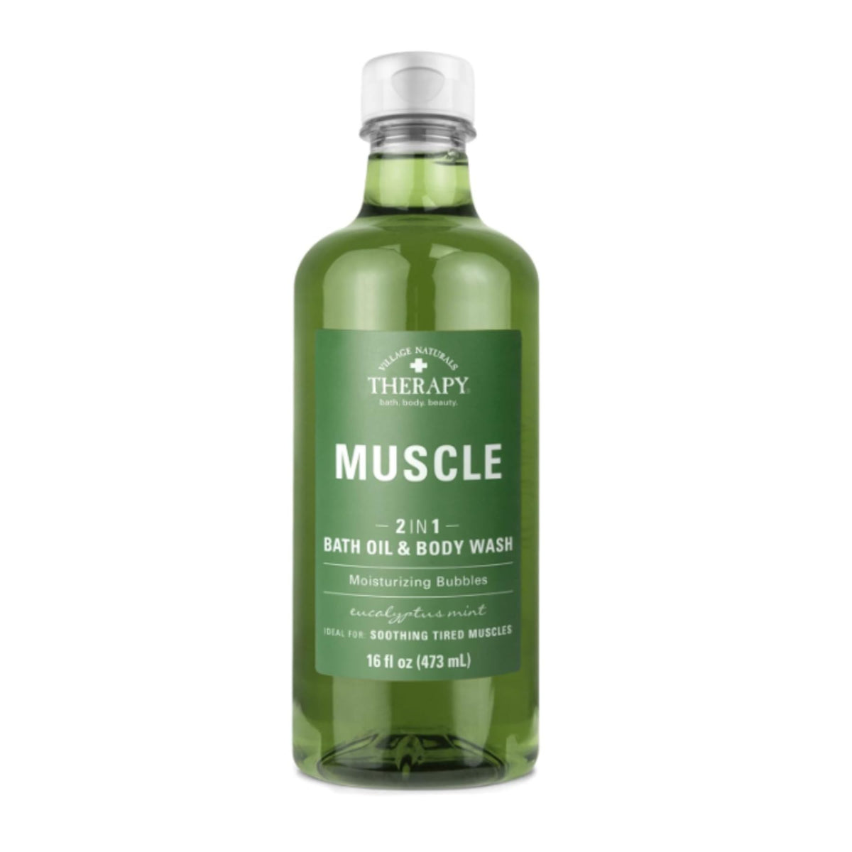 Village Naturals Therapy bottle on edge of bathtub illustrating easy use and calming atmosphere