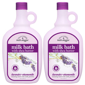 Village Naturals Bath Shoppe front packaging showing two bottles and calming scent benefit
