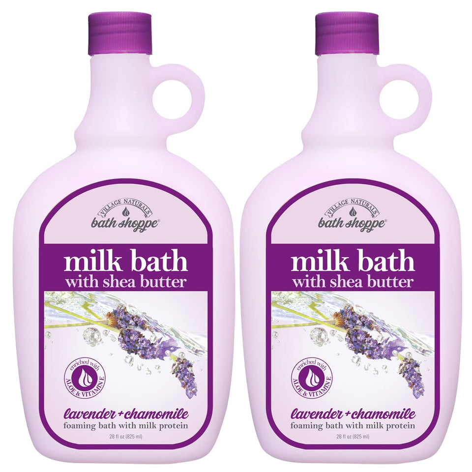 Village Naturals Bath Shoppe front packaging showing two bottles and calming scent benefit