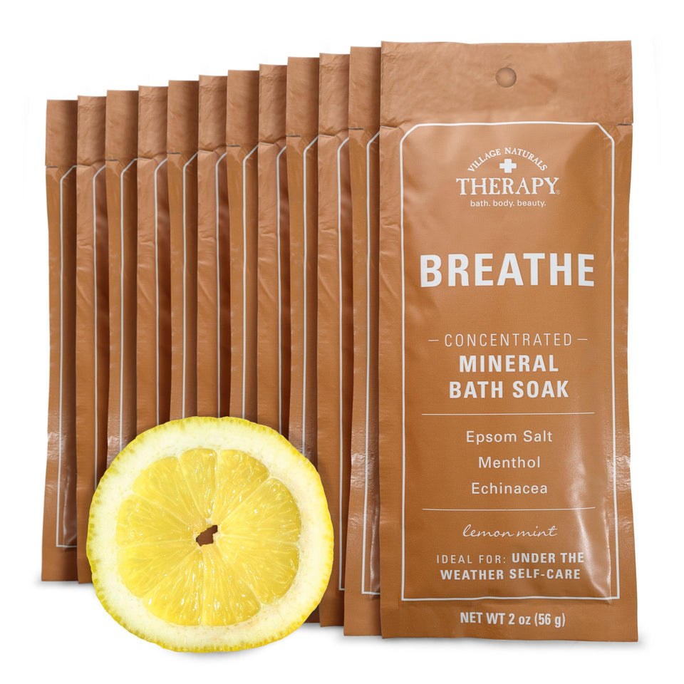 Village Naturals Therapy lemon mint packet front view showing branding and fresh scent
