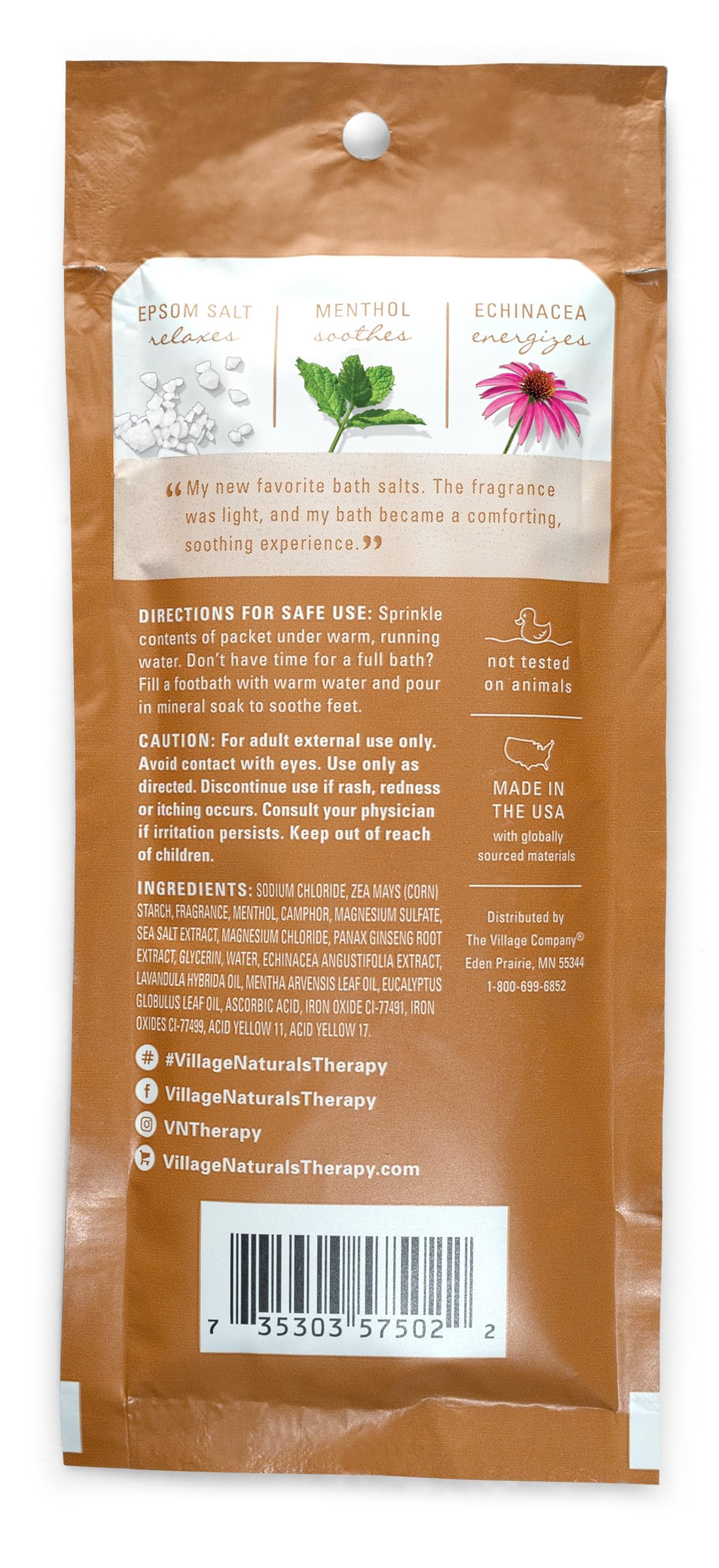 Village Naturals Therapy opened packet with pale mineral soak granules for easy use