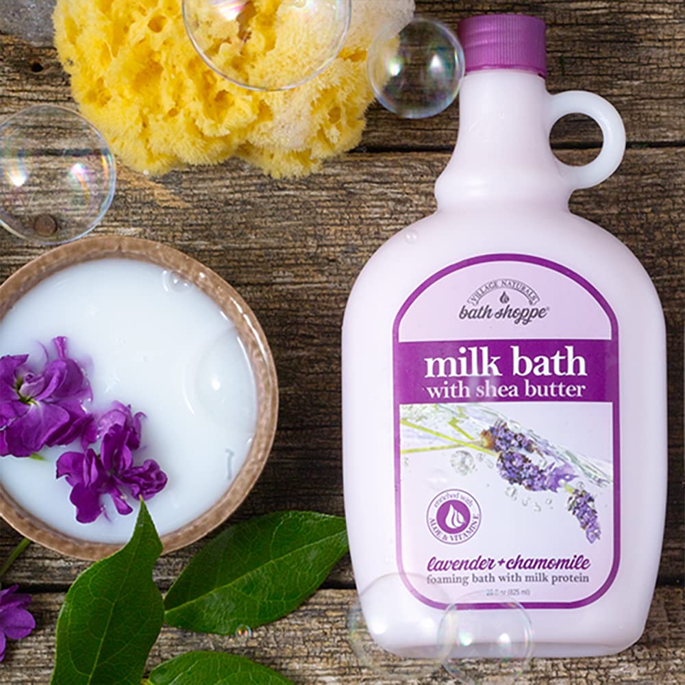 Village Naturals Bath Shoppe pouring milk bath into tub to create soothing bubbles
