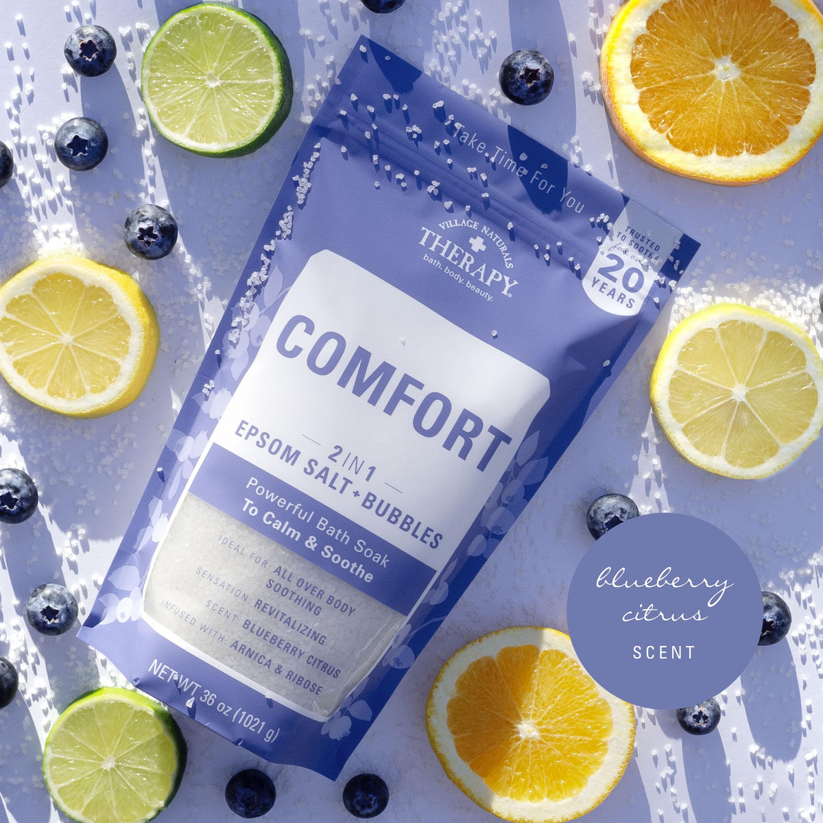 Village Naturals Therapy ingredient close-up with arnica and blueberry extract benefit
