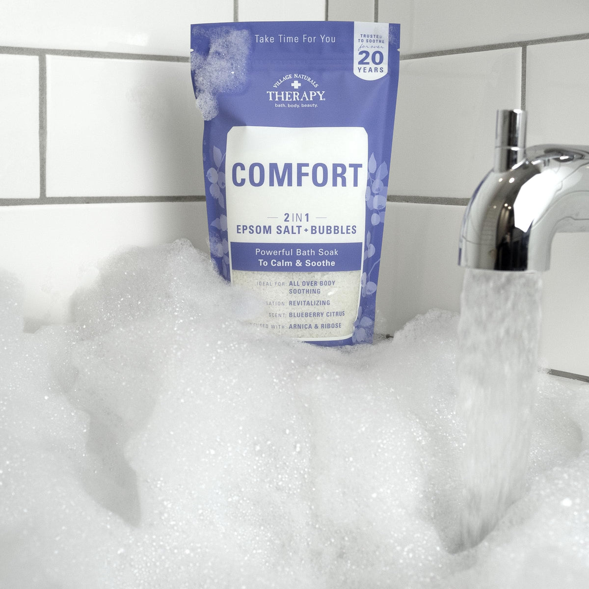 Village Naturals Therapy in a bathroom setting conveying calming home spa