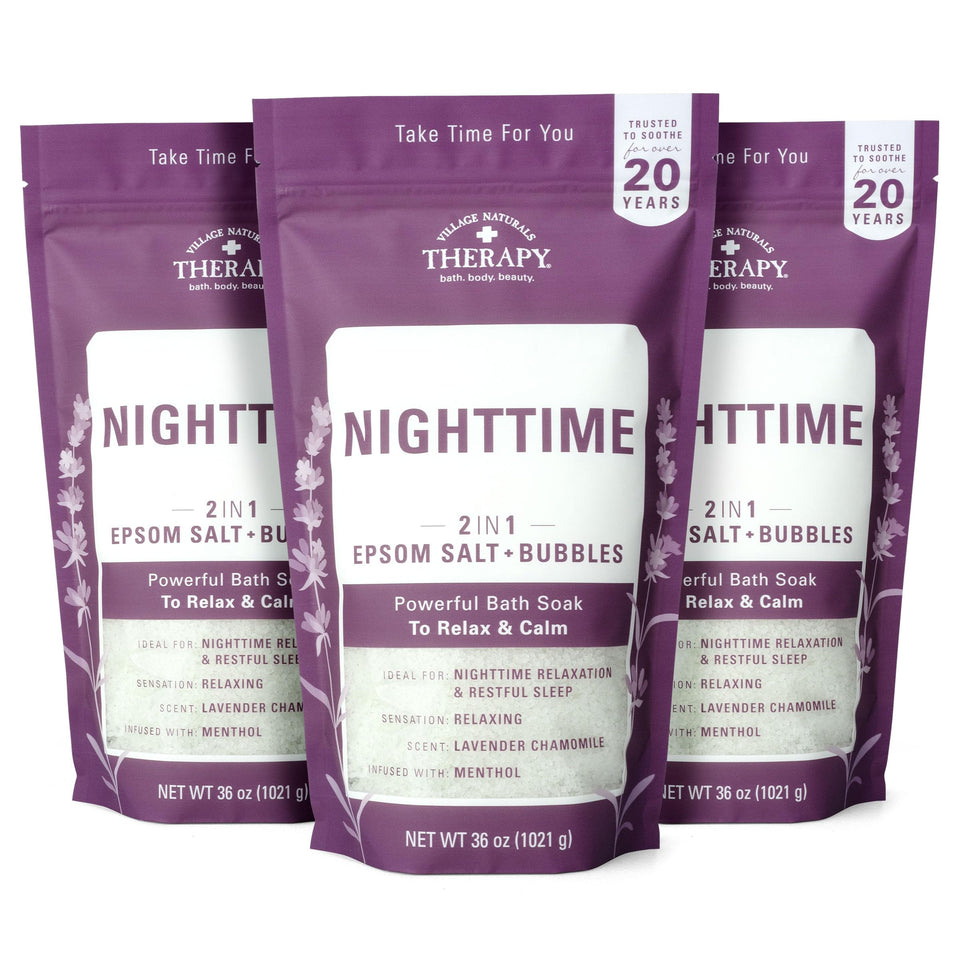 Village Naturals Therapy front label showing calming bedtime scent benefits