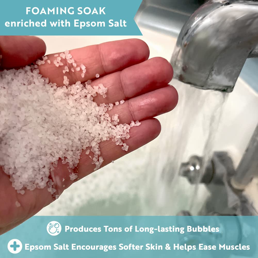 Village Naturals Therapy pouring soak into tub to create foam and easy use