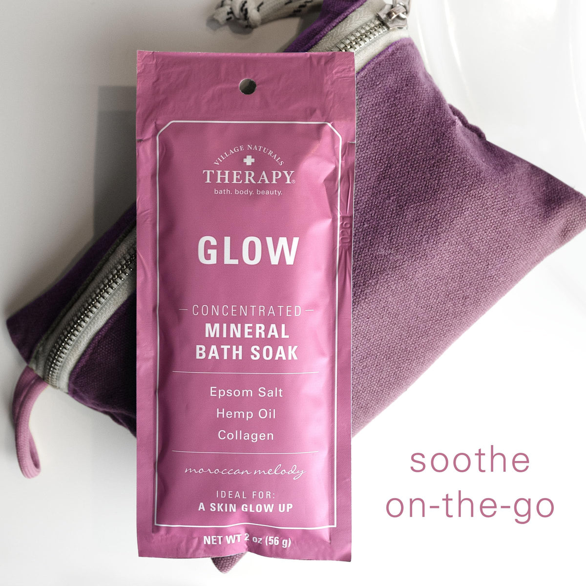 Village Naturals Therapy lifestyle bathroom spa setup suggesting relaxing at-home soak