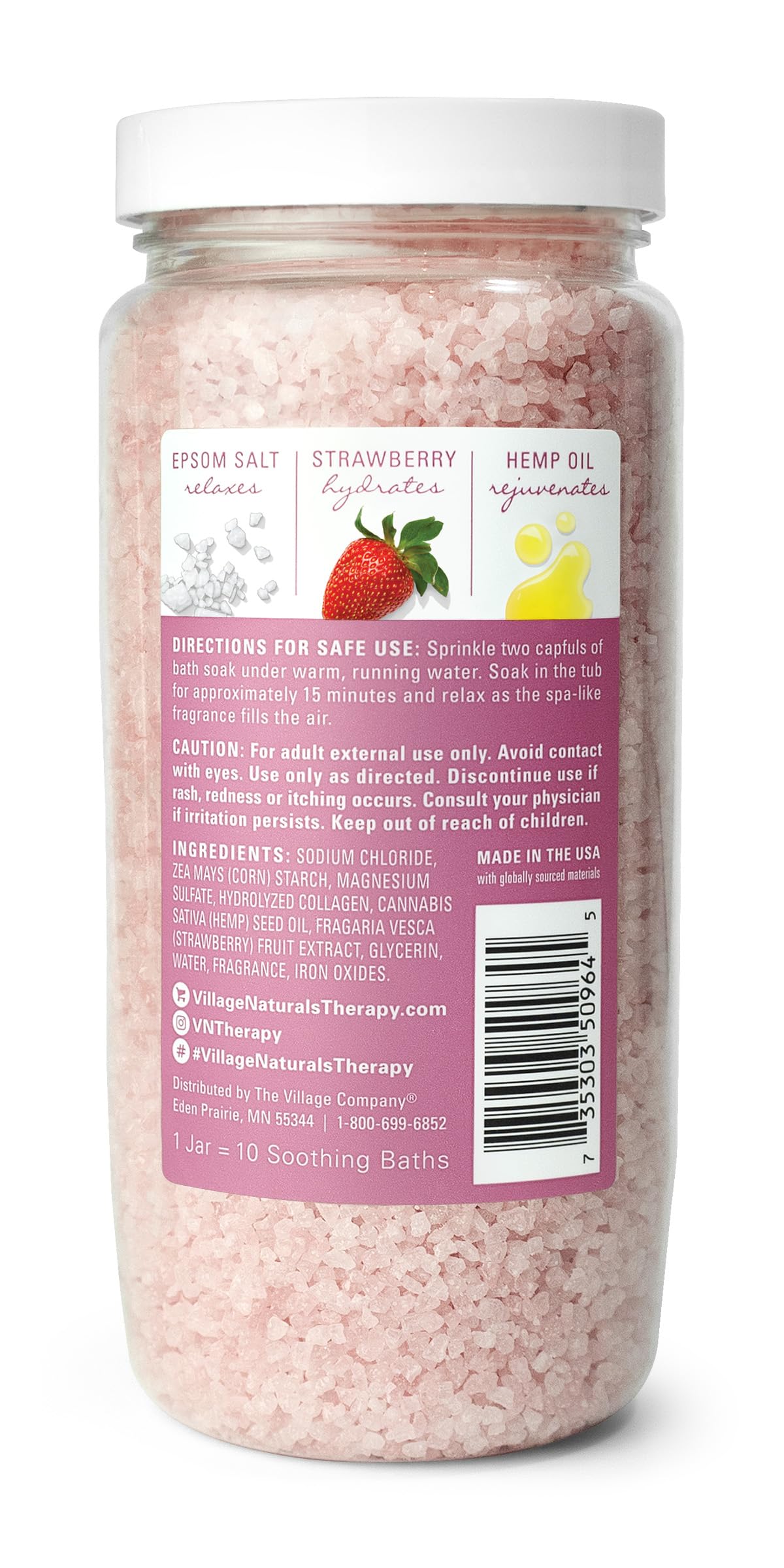 Village Naturals Therapy open jar close-up of granular soak texture for easy scooping