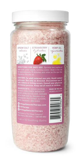 Village Naturals Therapy open jar close-up of granular soak texture for easy scooping