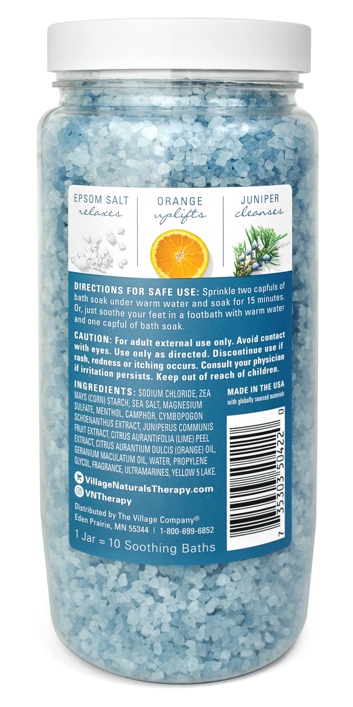 Village Naturals Therapy open jar of mineral salts illustrating easy scoop and dissolving benefit