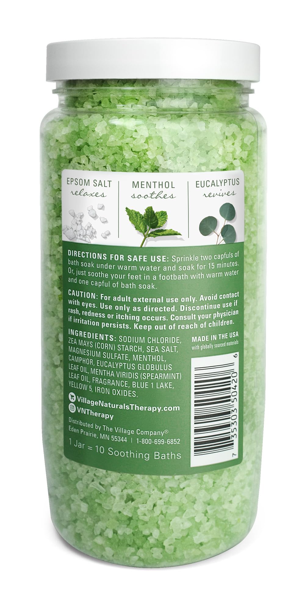 Village Naturals Therapy open jar showing mineral grains and texture for easy dosing
