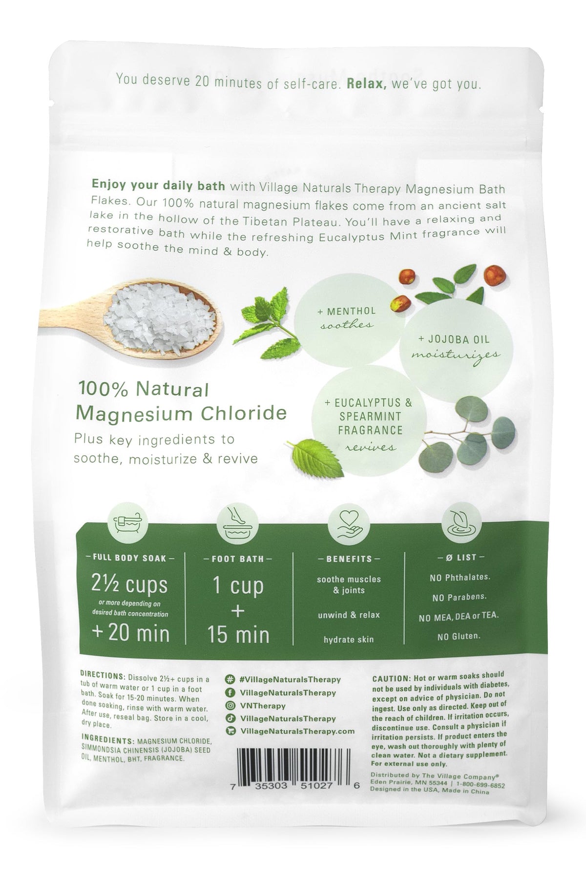Village Naturals Therapy open package with white magnesium flakes displayed