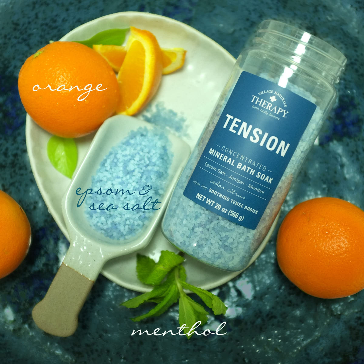 Village Naturals Therapy pouring salt into a bathtub demonstrating simple use for immediate relaxation