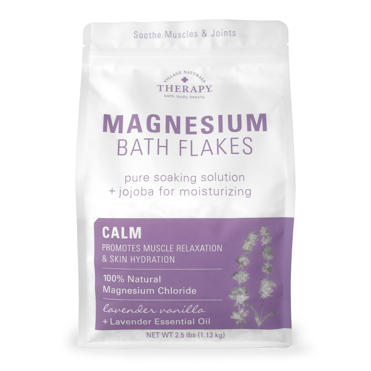 Village Naturals Therapy tub front view showing calm magnesium flakes and clear labeling for easy choice