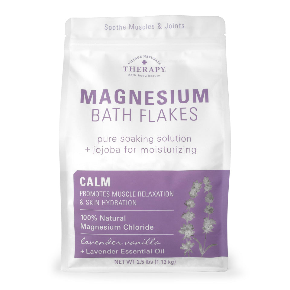 Village Naturals Therapy tub front view showing calm magnesium flakes and clear labeling for easy choice