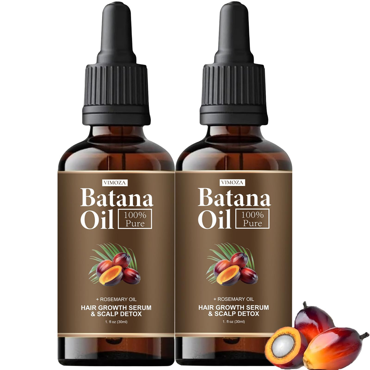 VIMOZA front packaging showing two organic Batana oil bottles and benefits