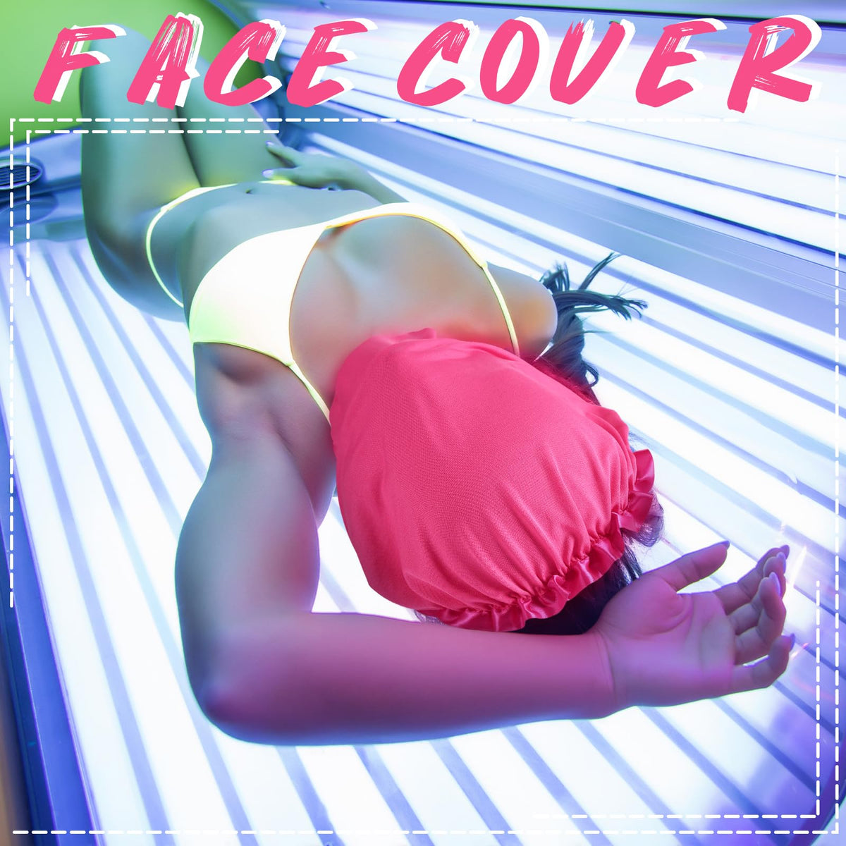 Vinsatin bonnet and face cover worn in salon showing protection during tanning