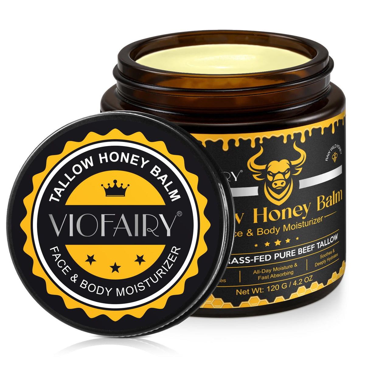 VIOFAIRY front jar view showing clean packaging and organic balm benefits
