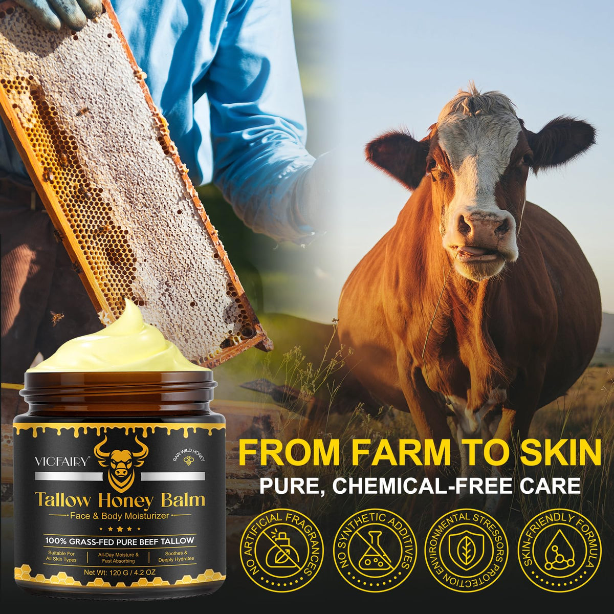 VIOFAIRY open jar revealing creamy tallow and honey balm for nourishment