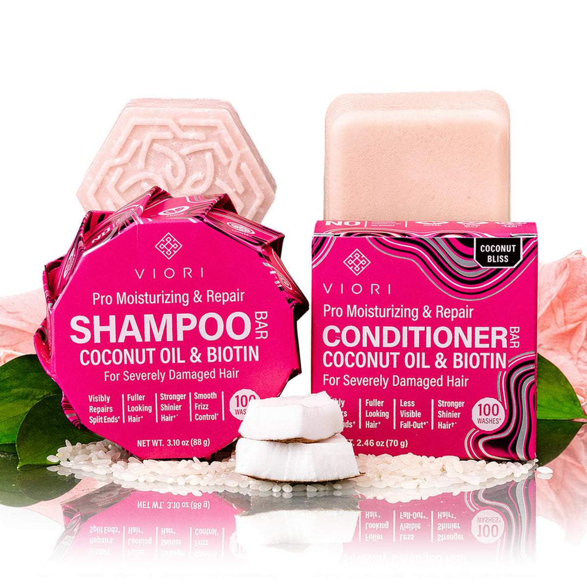 Viori shampoo and conditioner bar front packaging showing eco design and benefits