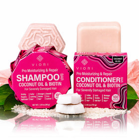 Viori shampoo and conditioner bar front packaging showing eco design and benefits