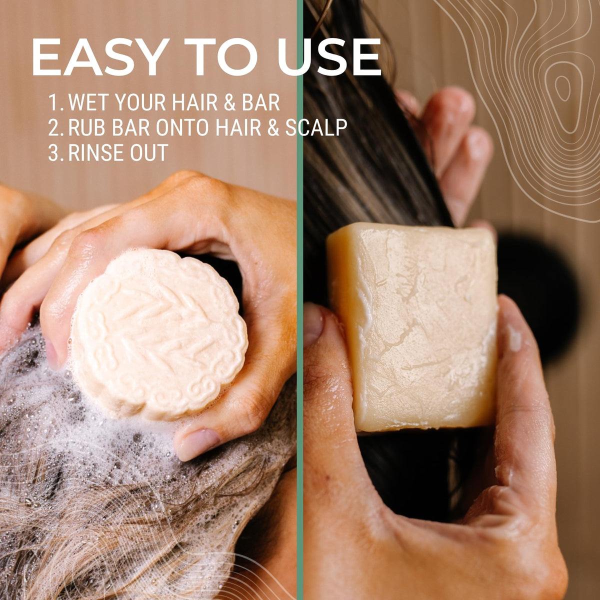 Viori shampoo and conditioner bars staged in bathroom showing reduced clutter and sustainable swap benefit