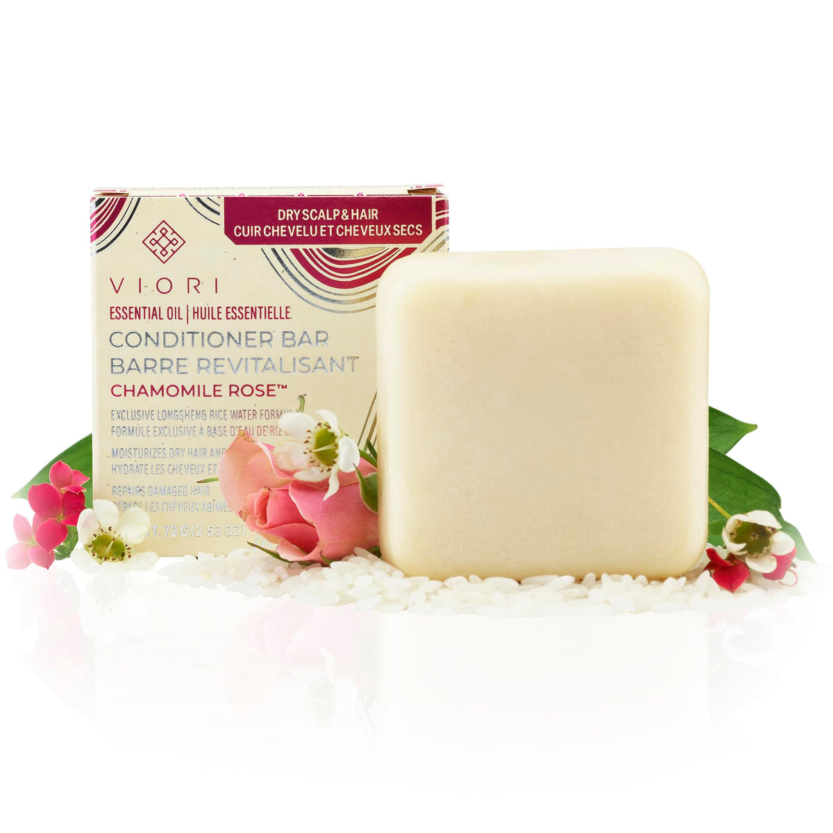 Viori chamomile rose front bar showing compact plastic-free conditioner