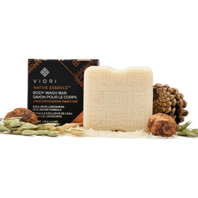 Viori front packaging showing unscented body wash bar and benefits