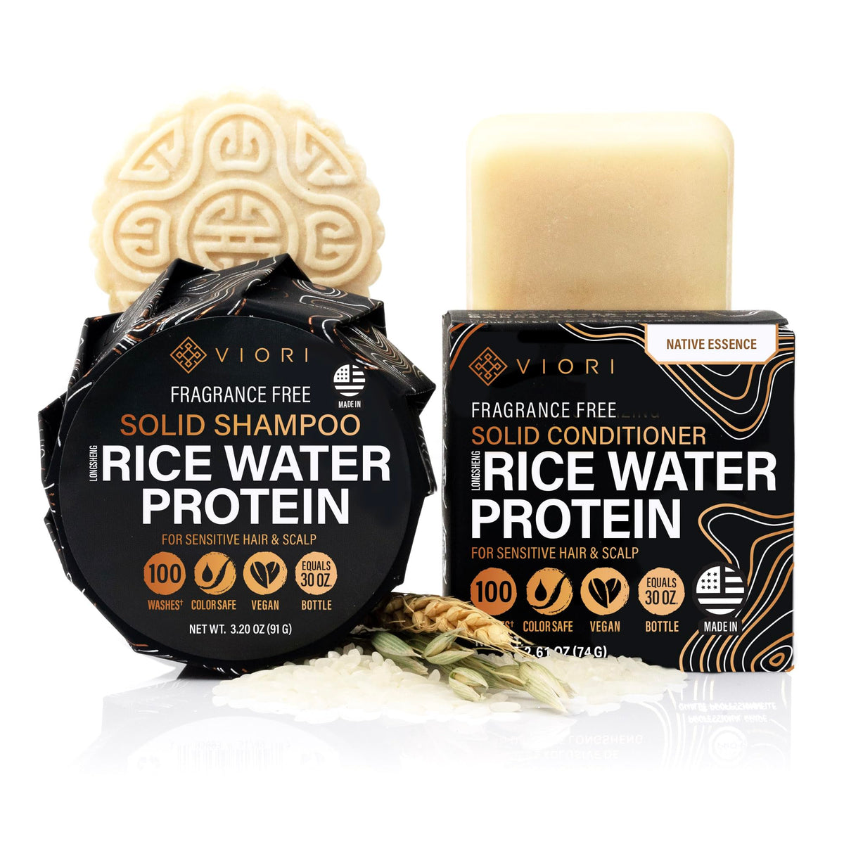 Viori front packaging showing shampoo and conditioner bars with travel-ready benefits