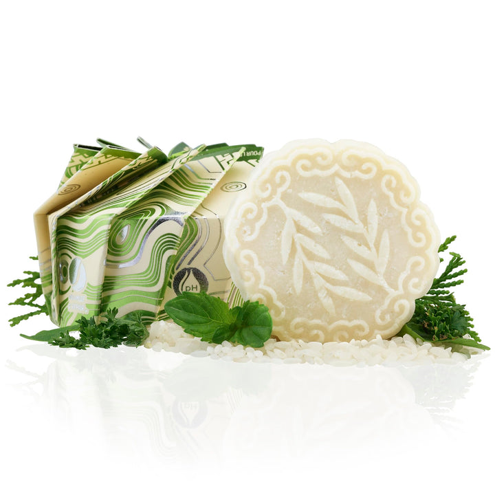 Viori shampoo bar front packaging showing tea tree mint scent and eco benefit