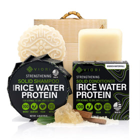 Viori front packaging showing shampoo and conditioner bars and bamboo holder for easy storage