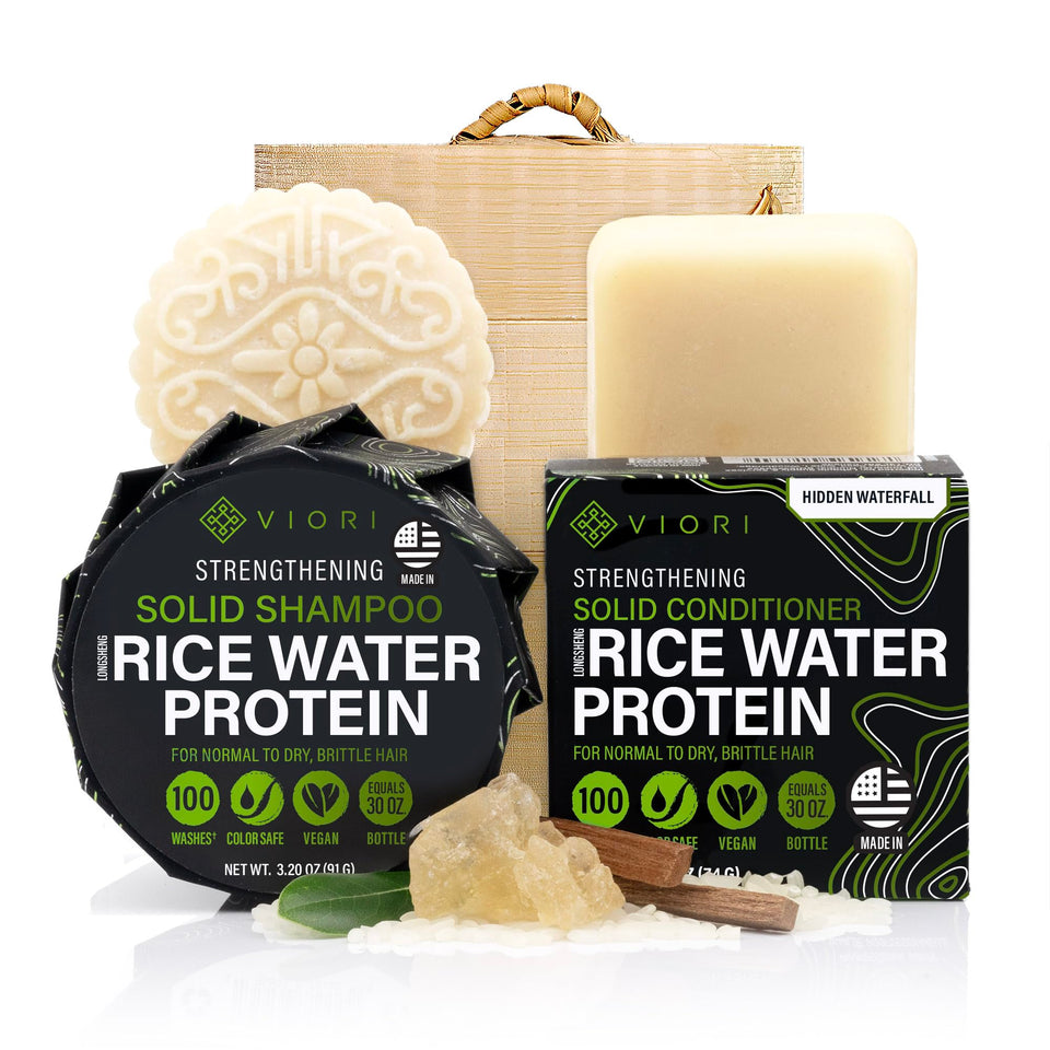 Viori front packaging showing shampoo and conditioner bars and bamboo holder for easy storage