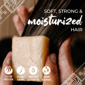 Viori conditioner bar lather on hair demonstrating gentle toning and slip benefit