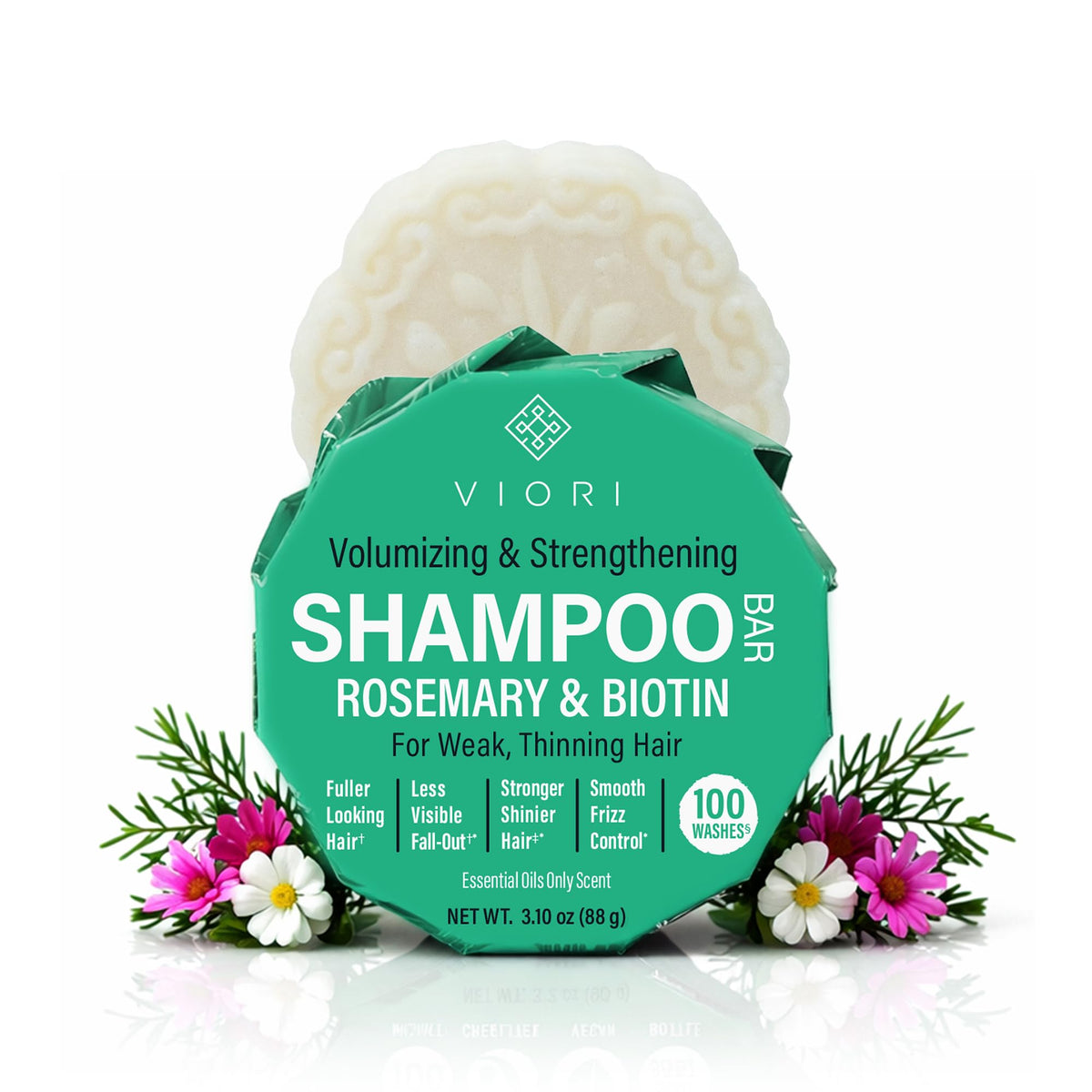 Viori shampoo bar front packaging showing rosemary and travel-friendly design