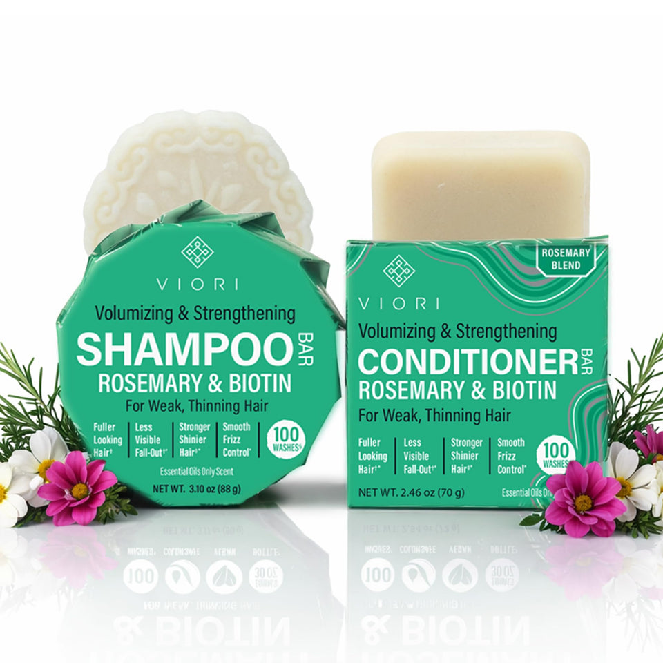 Viori front view of rosemary shampoo and conditioner bars showcasing compact plastic-free packaging and convenience