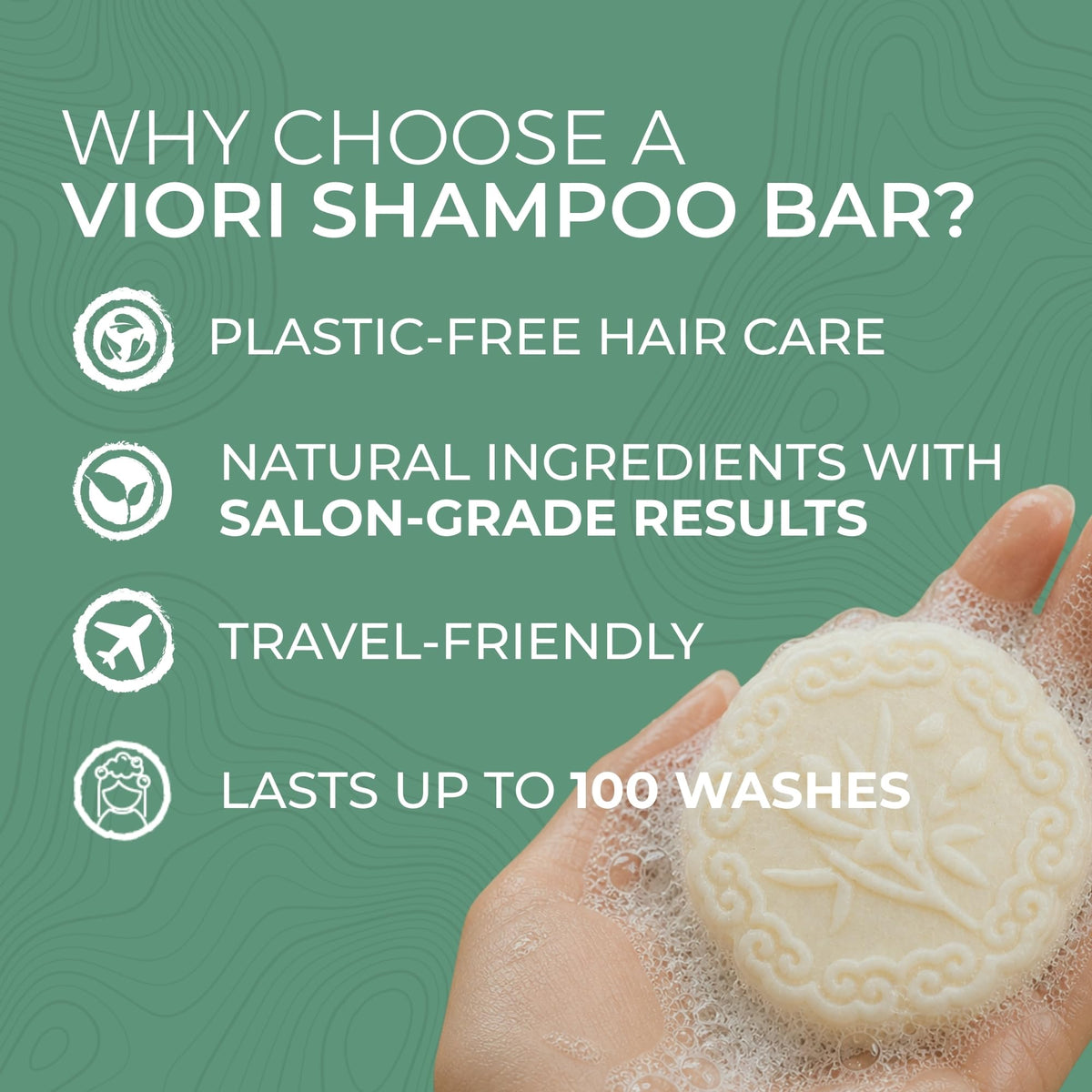 Viori shampoo bar next to fingers showing compact size for travel convenience