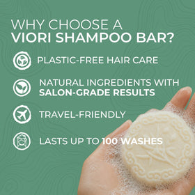 Viori shampoo bar next to fingers showing compact size for travel convenience