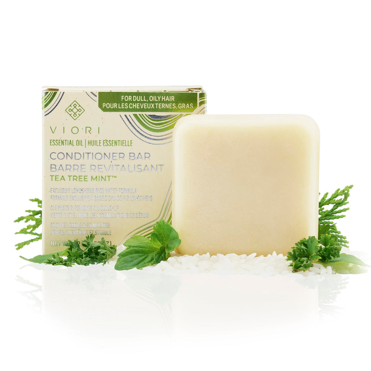 Viori front view of tea tree mint conditioner bar showing compact shape and natural finish