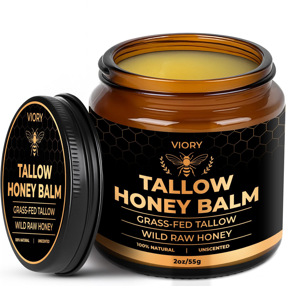 VIORY front jar showing unscented tallow and honey balm for gentle hydration