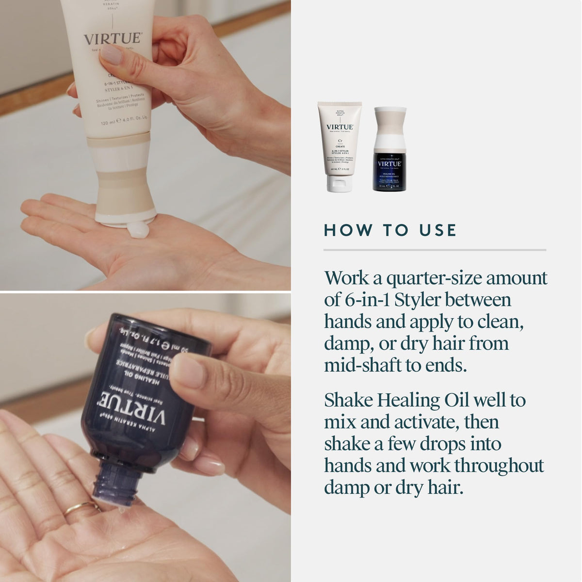 VIRTUE 6-in-1 Styling Cream tube label showing heat protection benefit