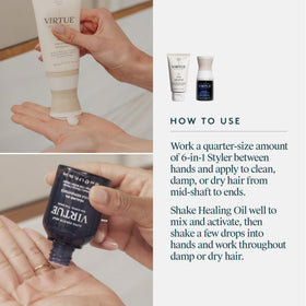 VIRTUE 6-in-1 Styling Cream tube label showing heat protection benefit