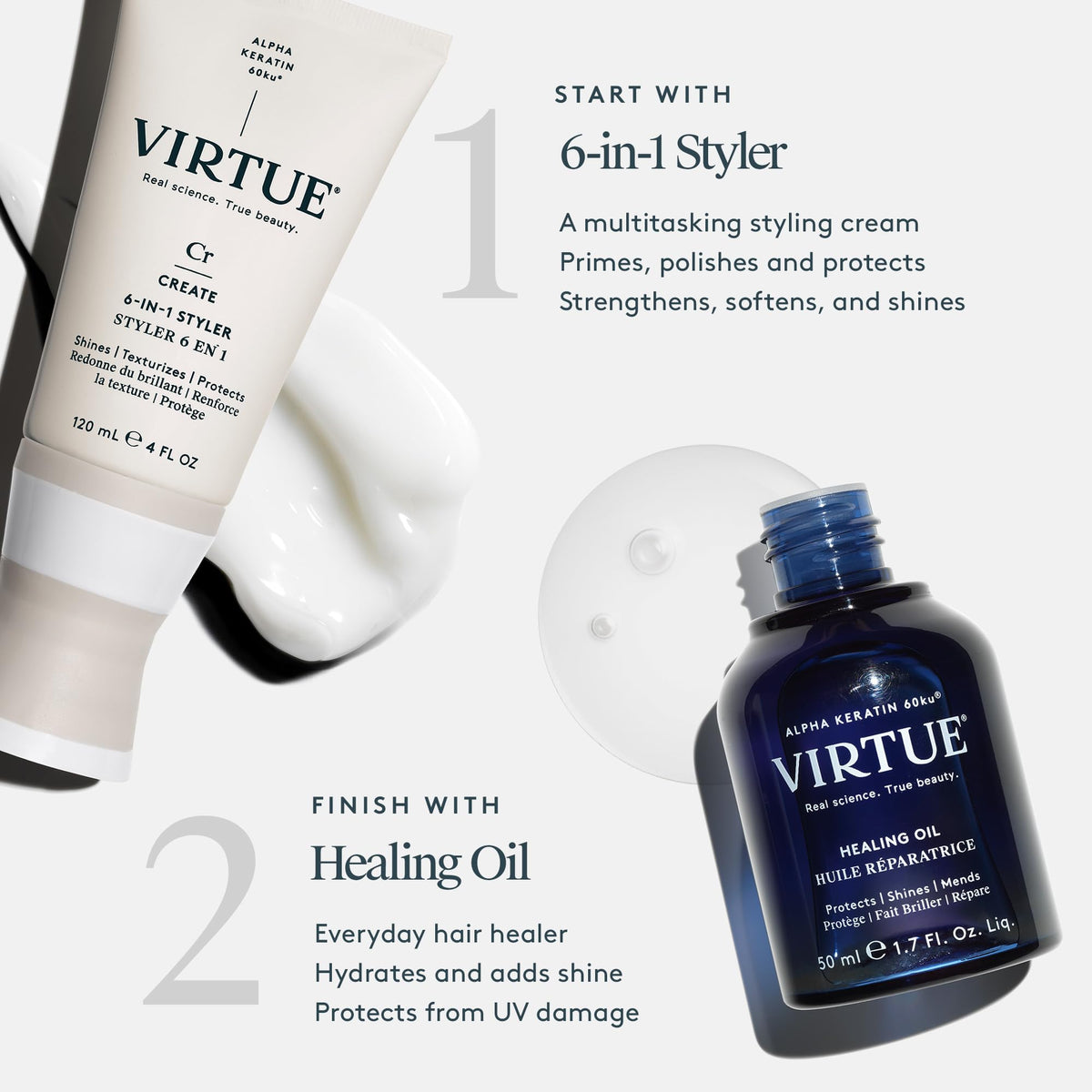 VIRTUE applying styler to damp hair for frizz control and prep before drying