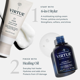 VIRTUE applying styler to damp hair for frizz control and prep before drying