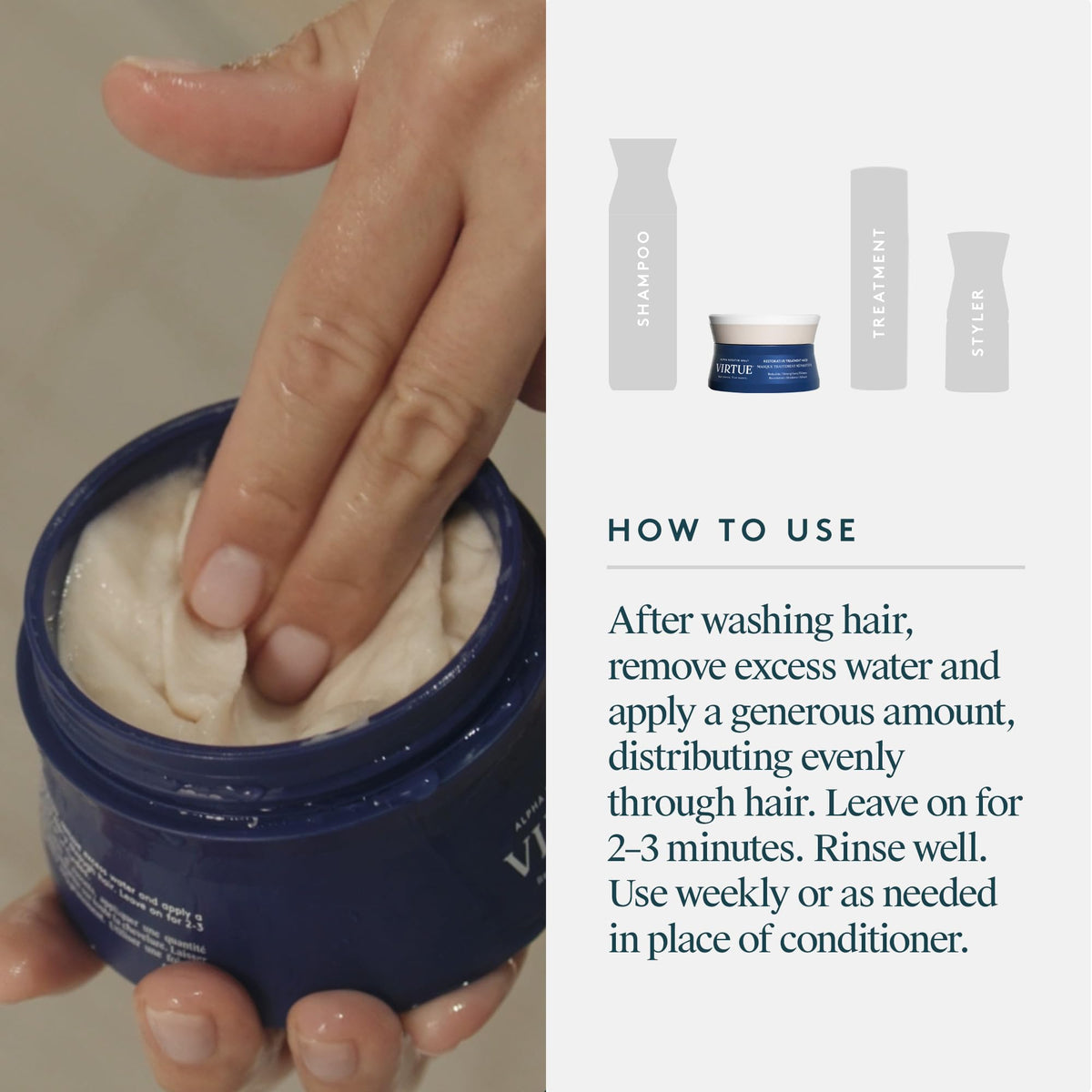 VIRTUE restorative mask on bathroom shelf suggesting daily routine fit
