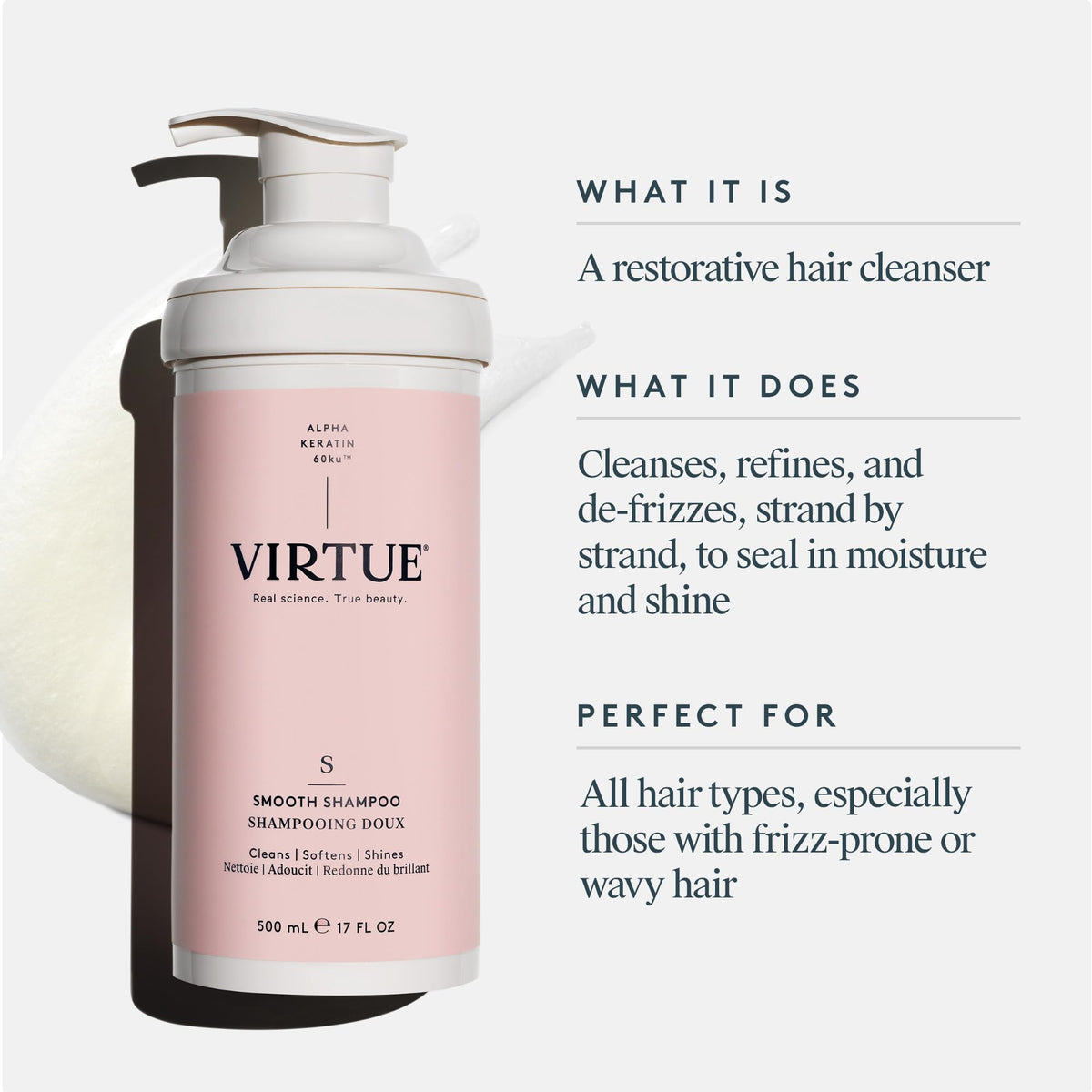 VIRTUE back label close-up highlighting ingredients and usage benefits