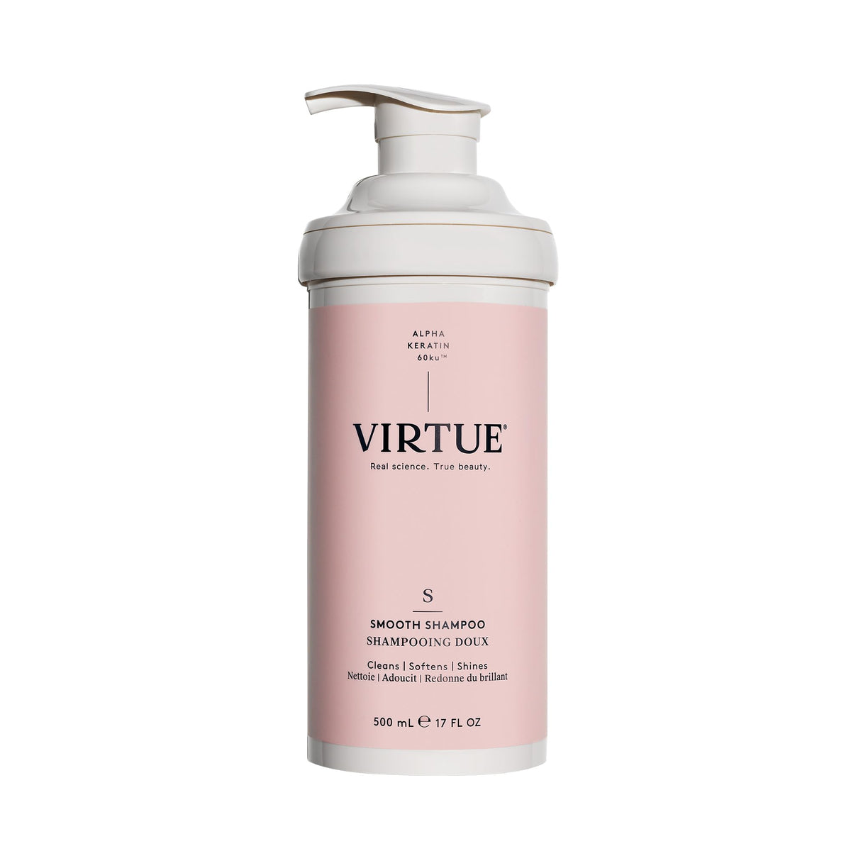 VIRTUE bottle front showing Smooth Shampoo and benefit of frizz control