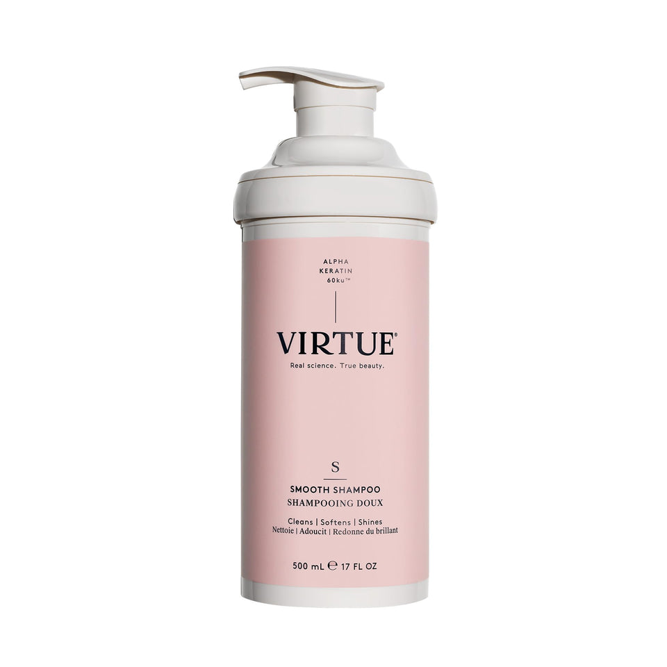 VIRTUE bottle front showing Smooth Shampoo and benefit of frizz control
