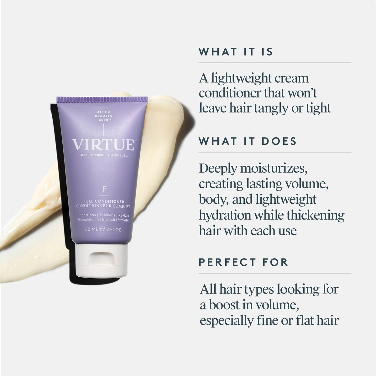 VIRTUE label close-up highlighting product name and usage directions for clarity